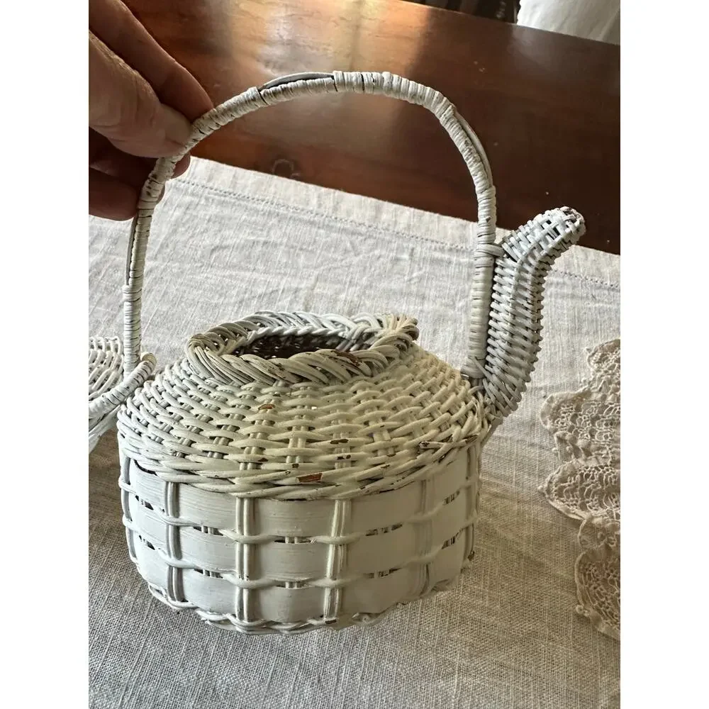 Vintage White Wicker Teapot Shape Basket Cottage Decor 6.5